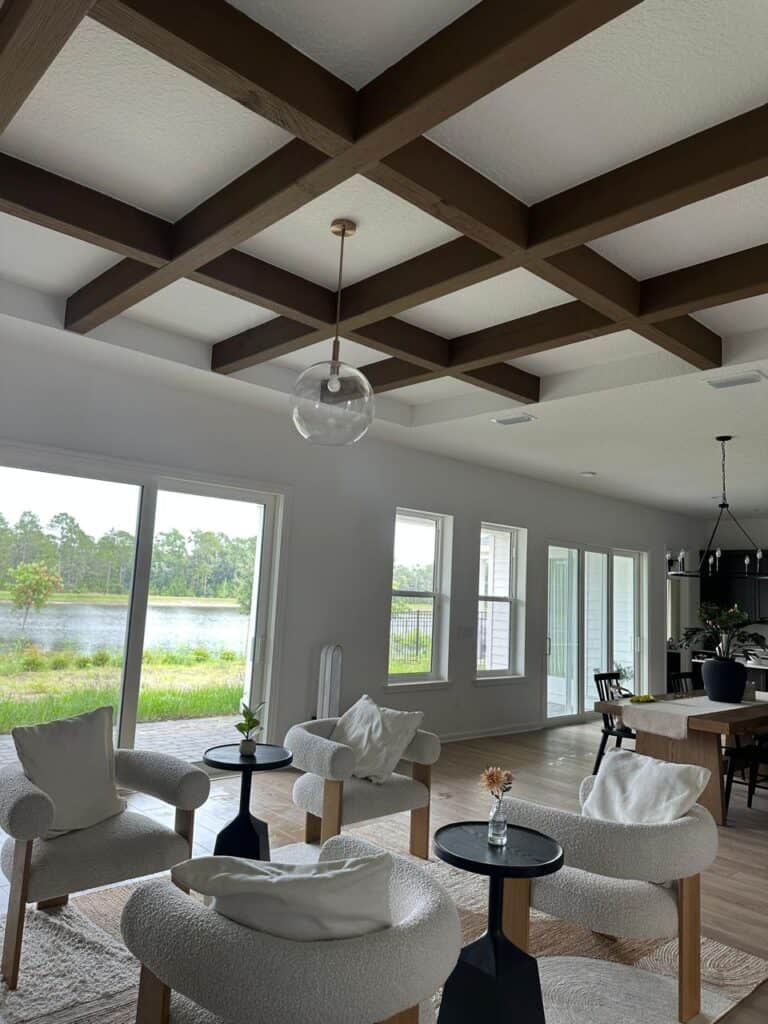 Custom coffered beam ceiling in a lakefront living room