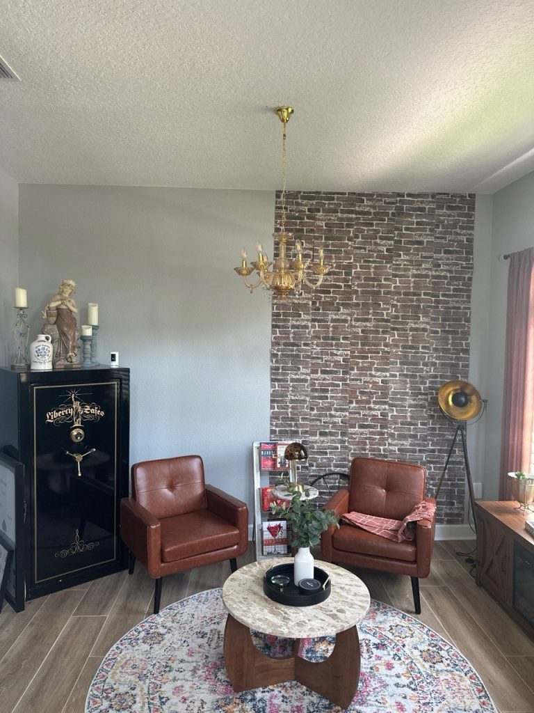Stacked stone accent wall in a living room