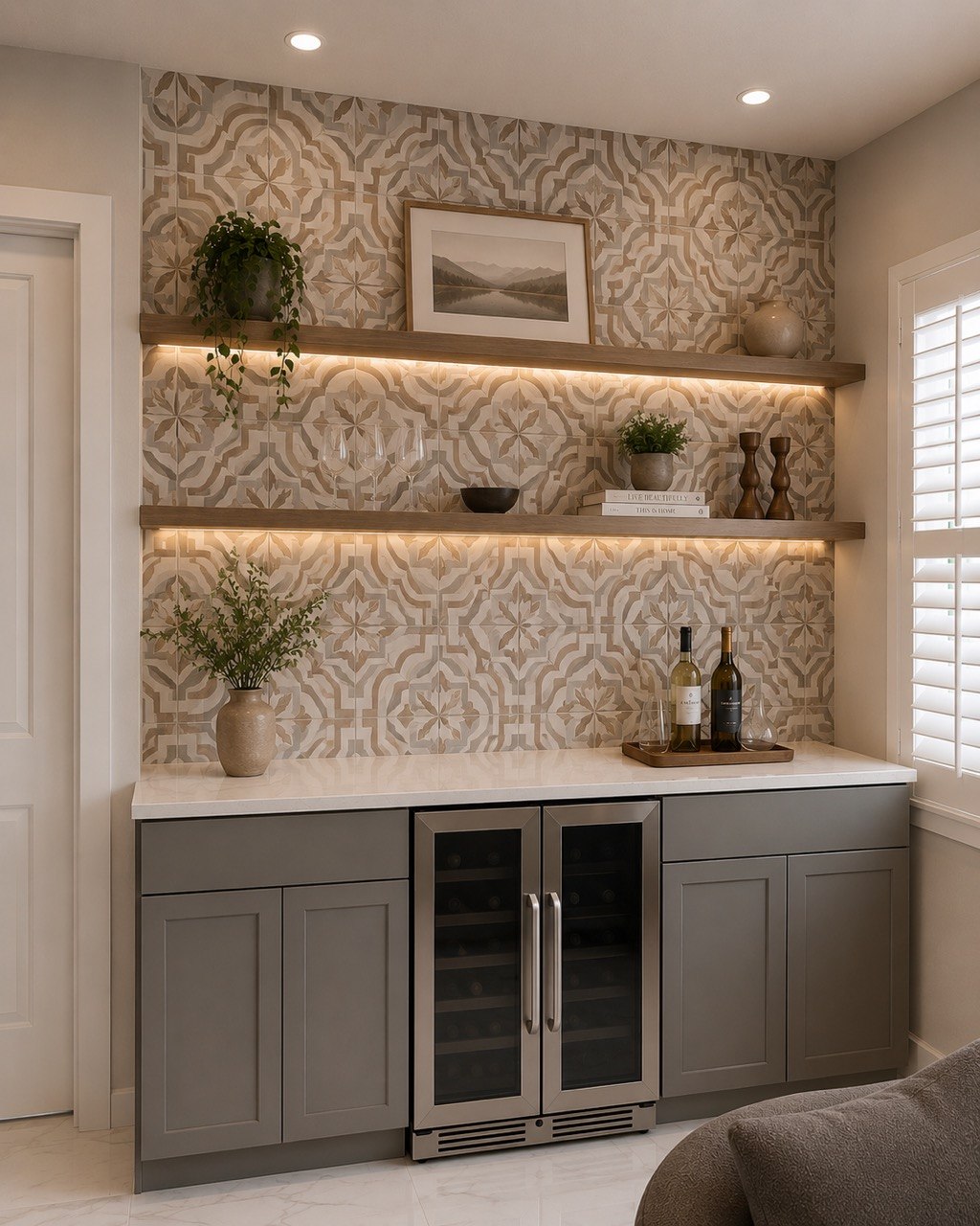 Built-in wet bar with patterned tile, floating LED shelves and wine fridge