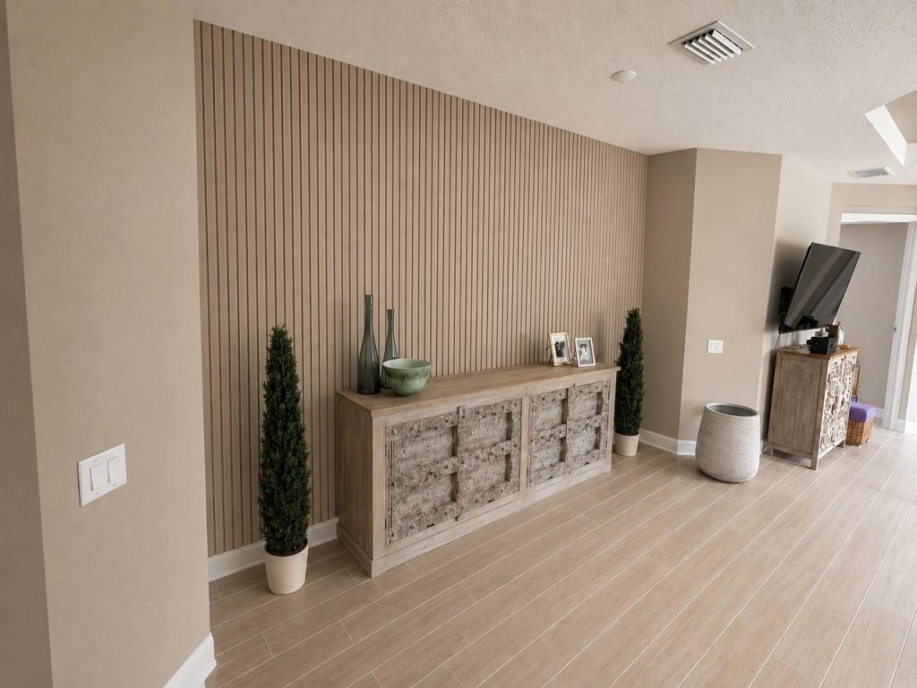 Light wood slat accent wall in an open living area