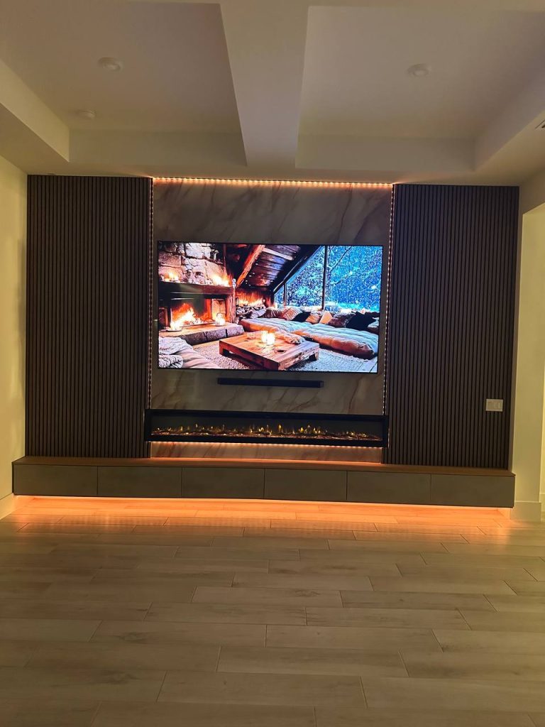 Media wall with under-glow LED lighting in the evening
