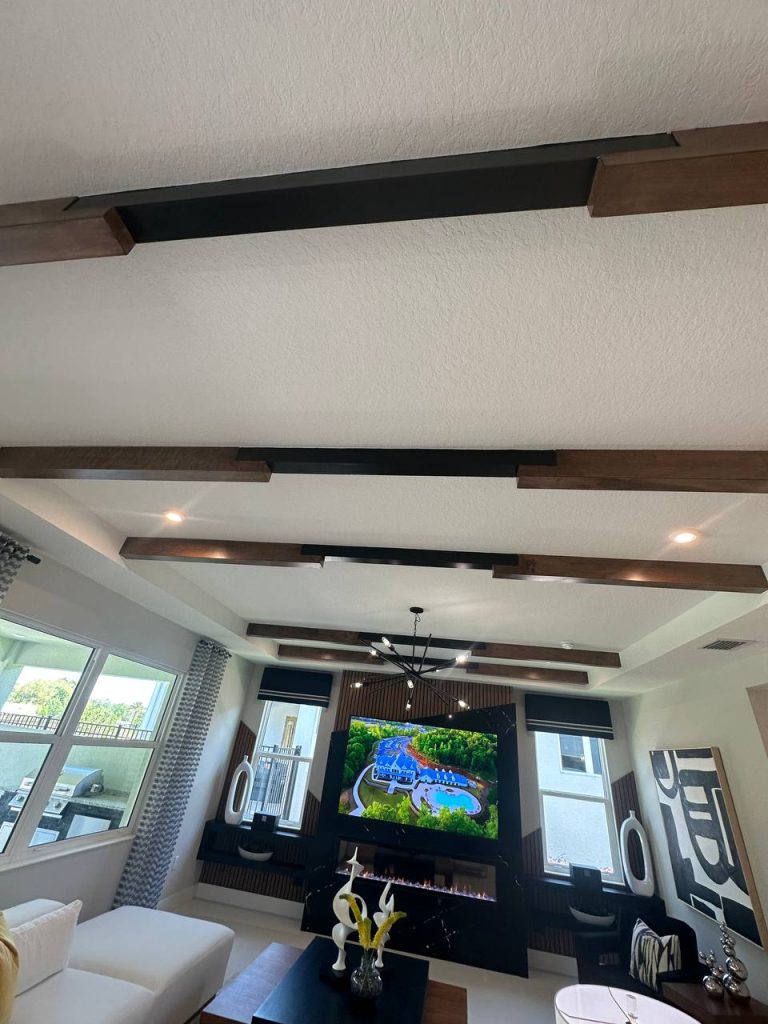 Custom wood ceiling beams in a living room